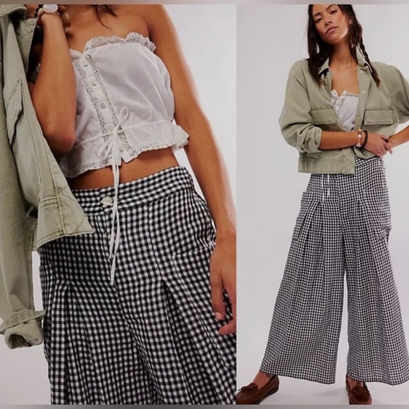 Free People East Side Trouser Wide Leg Pants Black White Check Size L NWOT - Picture 2 of 7